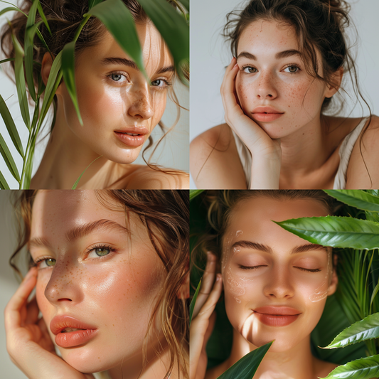 A collage of four women with glowing, freckled skin, surrounded by lush green leaves. The images highlight natural beauty, freshness, and a serene, nature-inspired skincare routine.